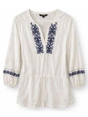 Lauren Ralph Lauren Embroidered Tunic Top Boho White Petite L